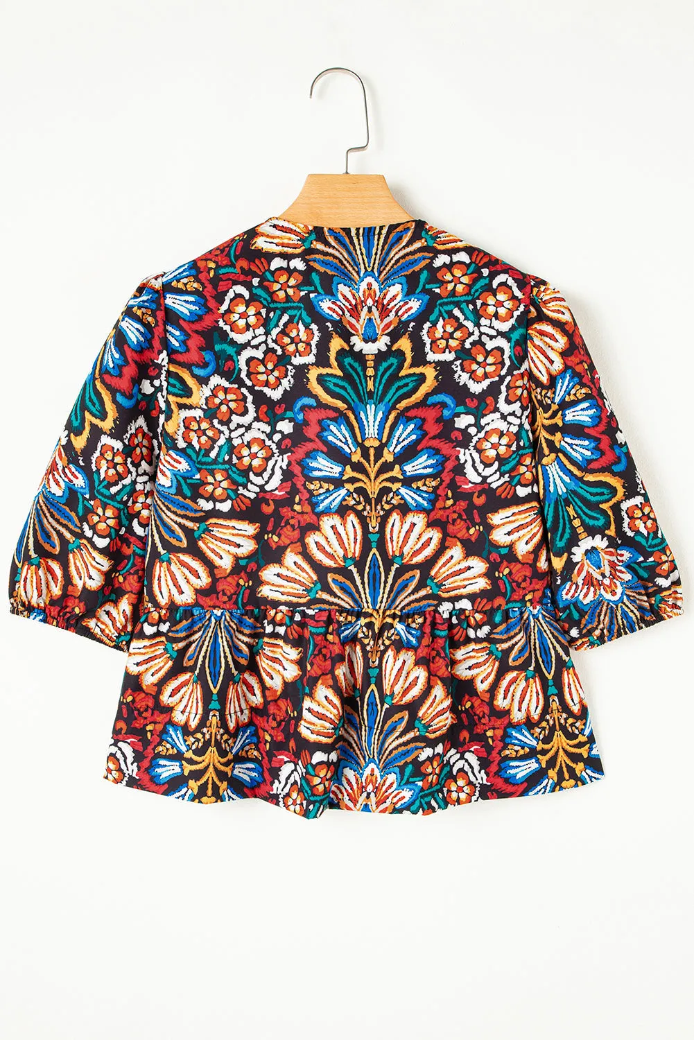 Black Tropical Print Bubble Sleeve Knot Front Blouse sold by eAura product image thumbnail 5
