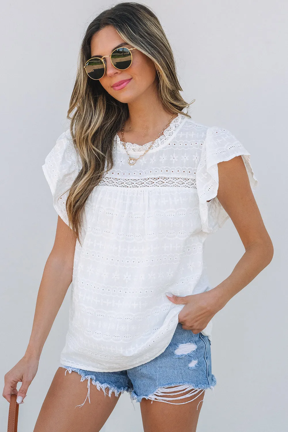 White Lace Neckline Flutter Sleeve Eyelets Blouse sold by eAura product image thumbnail 3