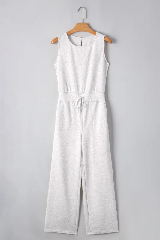 Light Grey Solid Colour Crew Neck Drawstring High Waist Sleeveless Jumpsuit made by eAura