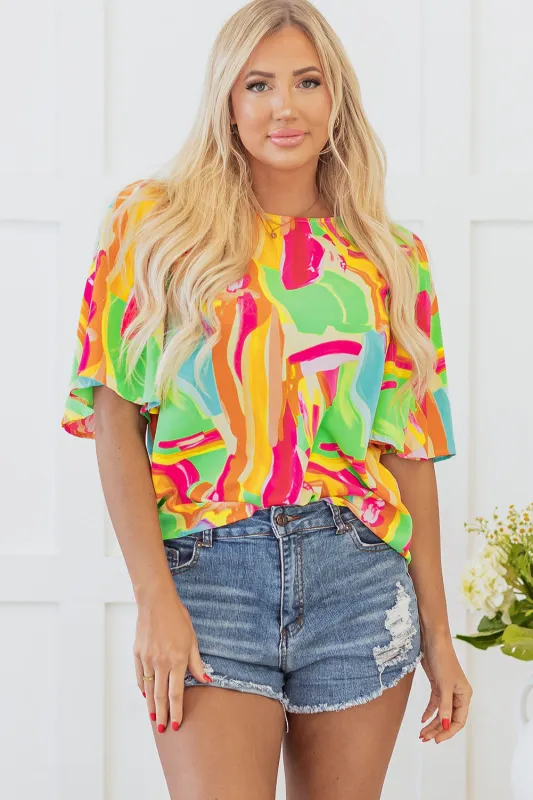 Multicolour Abstract Print Keyhole Back Pleated Half Sleeve Blouse sold by eAura