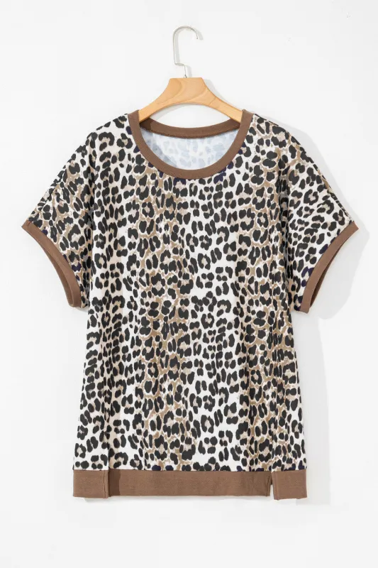Khaki Leopard Contrast Trim Short Sleeve Loose Plus Size Top sold by eAura