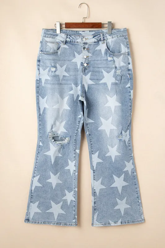 Sky Blue Star Printed Multi Buttons Slit Knee Destroyed Plus Size Jeans sold by eAura