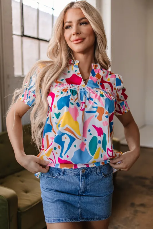 Multicolour Abstract Print Lace Detail Shirred Short Sleeve Split Neck Blouse made by eAura