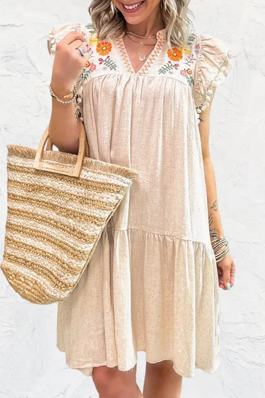 Linen Embroidery Split Neck Pom Pom Ruffle Sleeves Flowy Short Dress sold by eAura