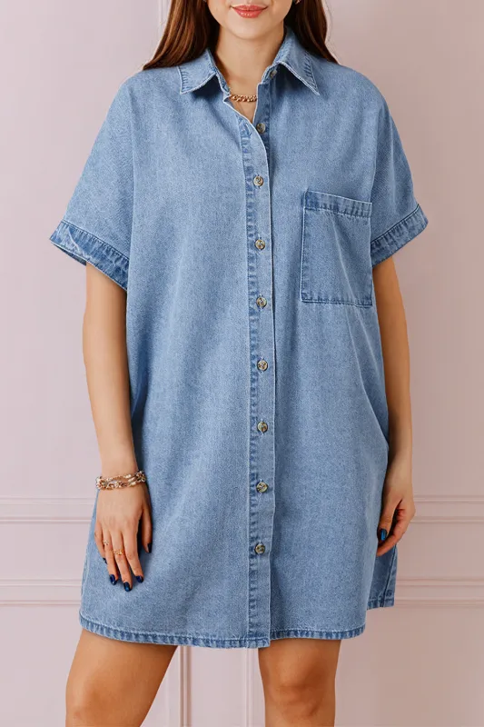 Dusk Blue Short Sleeve Pocketed Button up Denim Tunic Dress sold by eAura