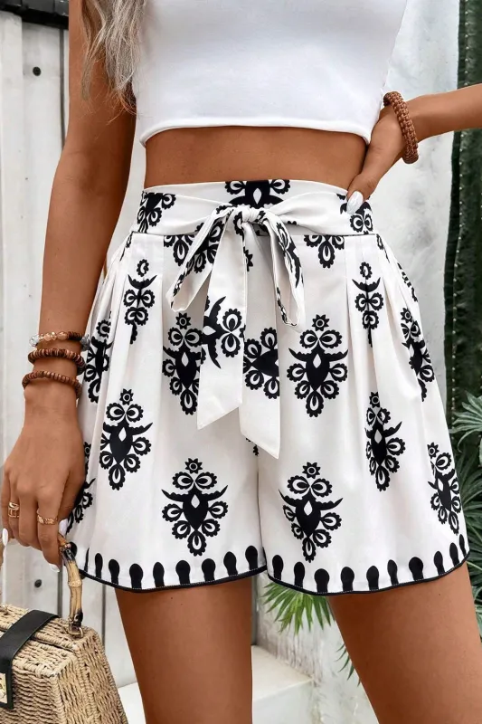 Black Tribal Geometric Print Belted High Waist Casual Shorts sold by eAura