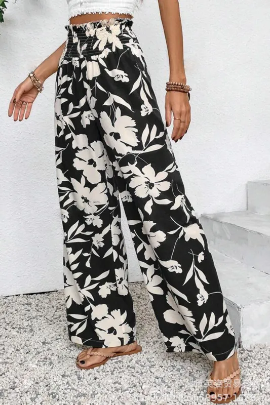 Black Floral Print Smocked High Waist Wide Leg Trousers sold by eAura