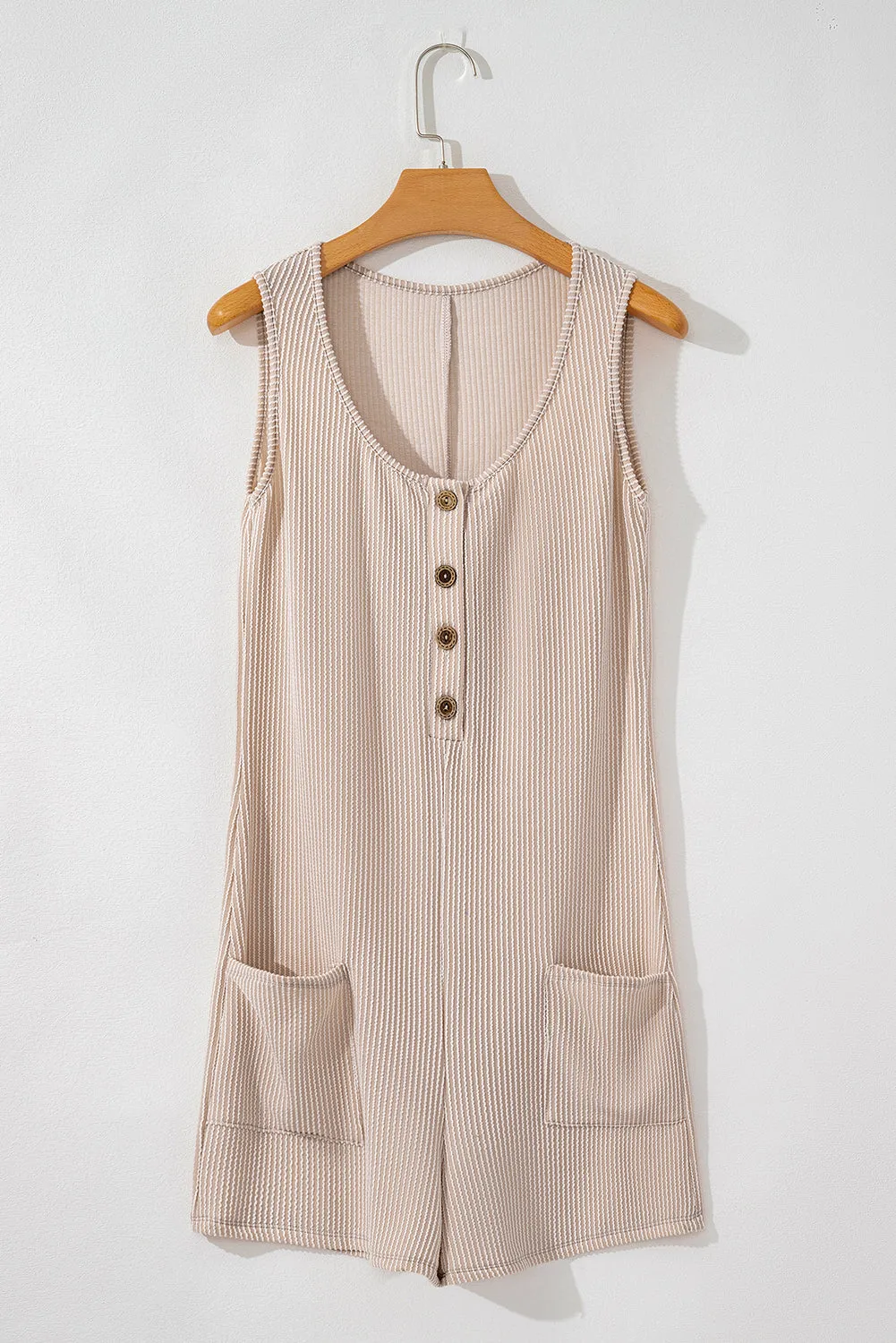 Parchment Ribbed Knit Side Pockets Buttoned Sleeveless Romper sold by eAura product image thumbnail 5