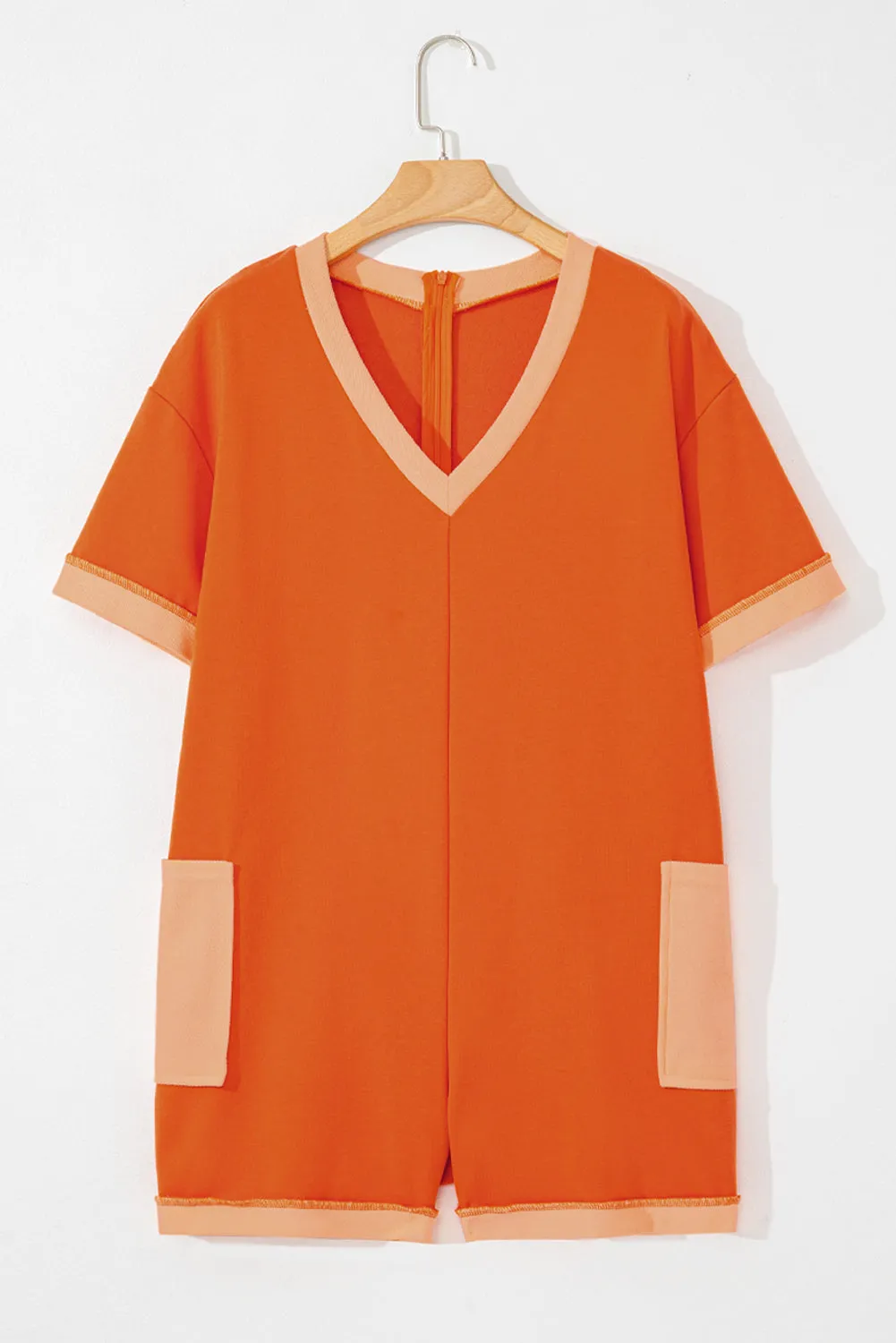 Russet Orange Two-tone Short Sleeve V Neck Patched Pocket Loose Romper sold by eAura product image thumbnail 3