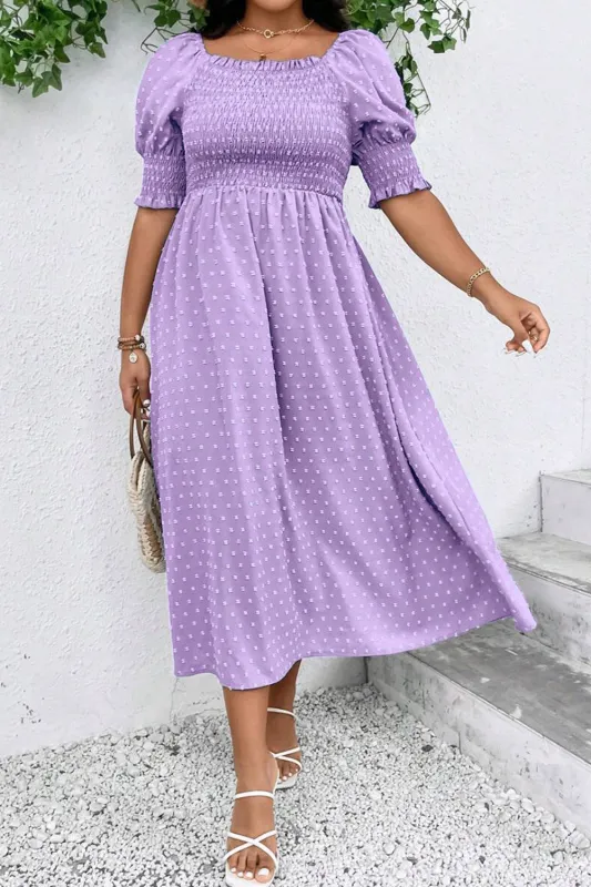 Wisteria Swiss Dot Smocked Frilled Neckline Short Sleeve Plus Size Dress sold by eAura