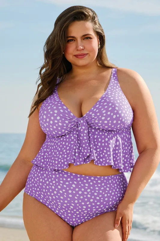 Purple Plus Size Polka Dot Print Ruffled Knotted V Neck Tankini Set sold by eAura
