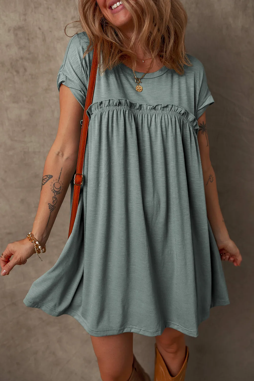 Mist Green Frilled Gathered Seam Round Neck T Shirt Dress sold by eAura product image thumbnail 3