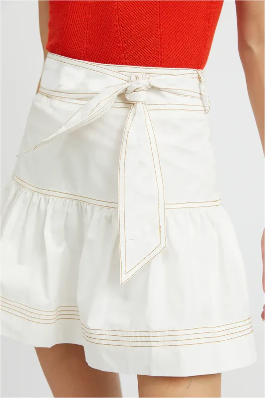 White Contrast Stitching Trim Knotted High Waist A-Line Mini Skirt sold by eAura