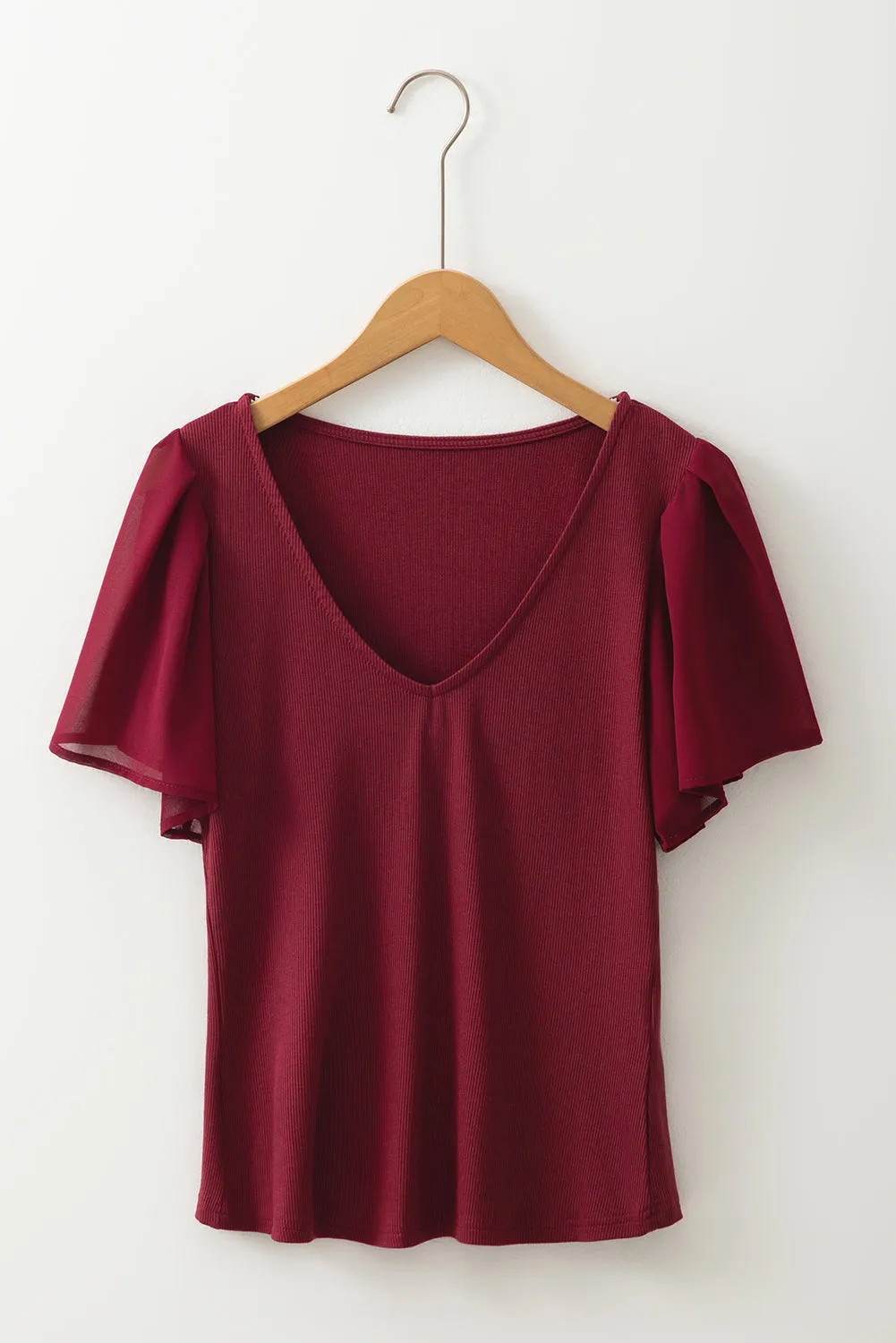 Red Dahlia Mesh Ruffled Sleeve Slim Fit V Neck Top sold by eAura product image thumbnail 4