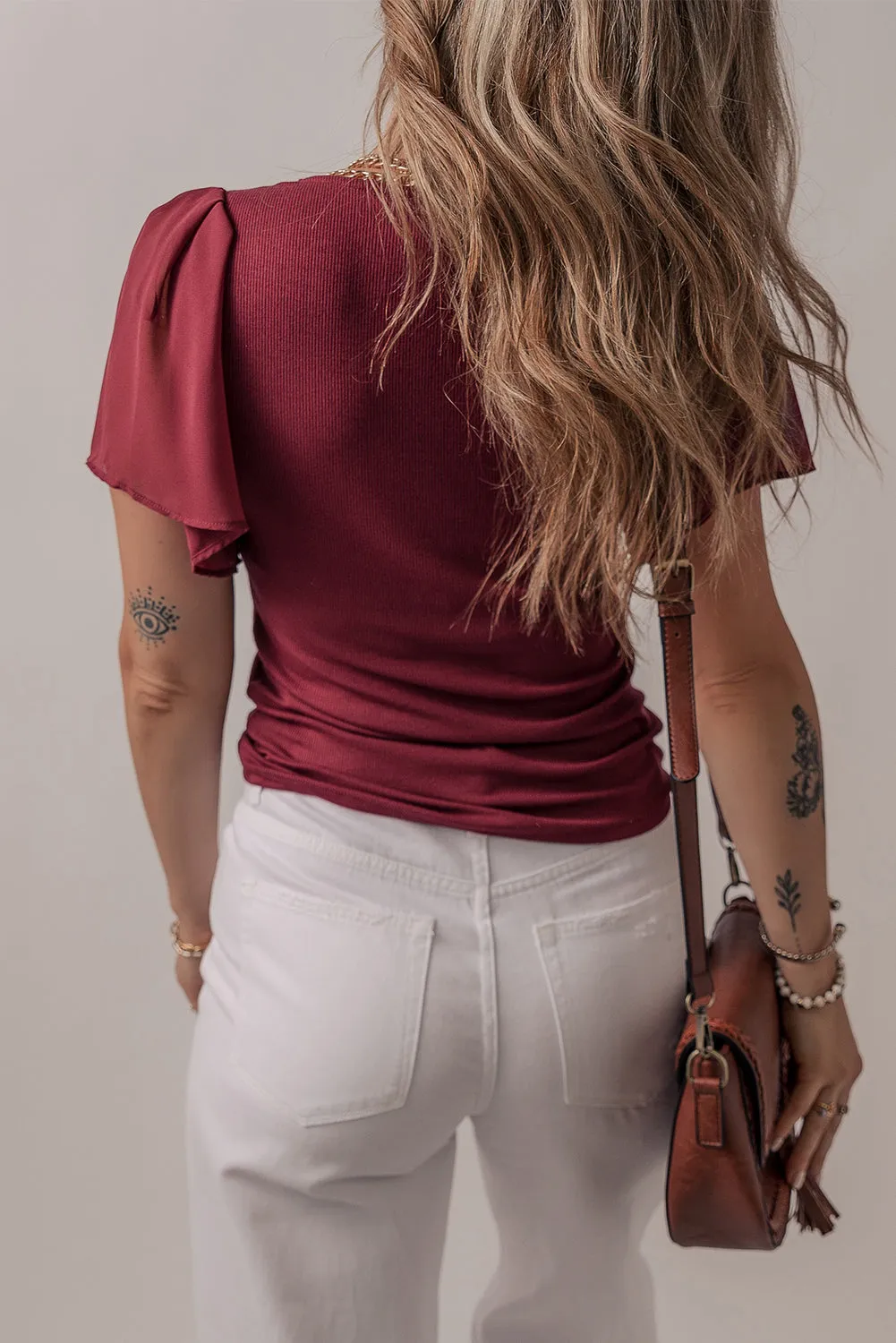 Red Dahlia Mesh Ruffled Sleeve Slim Fit V Neck Top sold by eAura product image thumbnail 2