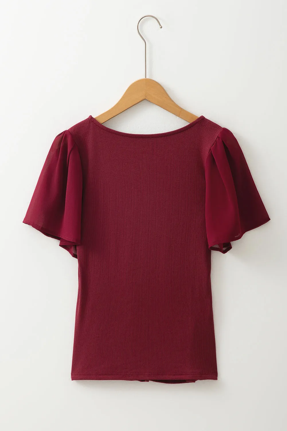 Red Dahlia Mesh Ruffled Sleeve Slim Fit V Neck Top sold by eAura product image thumbnail 5