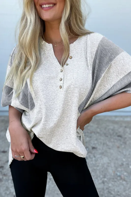 Light Grey Two Tone Contrast Waffle Knit Patched Buttoned V Neck Top sold by eAura