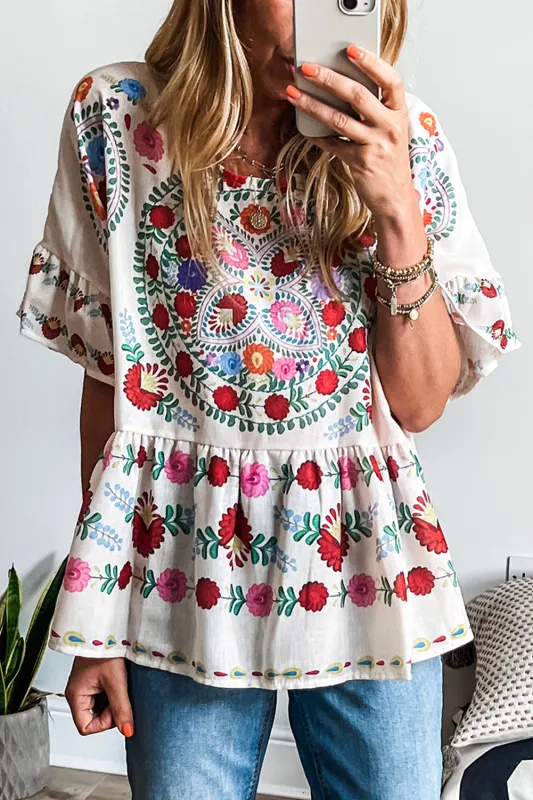 White Boho Floral Print Round Neck Ruffle Trim Blouse sold by eAura
