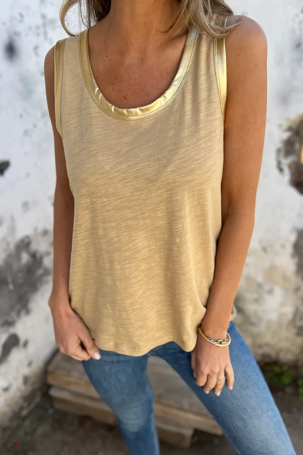 Tan Metallic Sheen Edge Scoop Neck Tank Top sold by eAura product image thumbnail 3