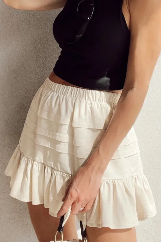 Beige Tiered Ruffled Hemline Elastic Waist Mini Skirt sold by eAura