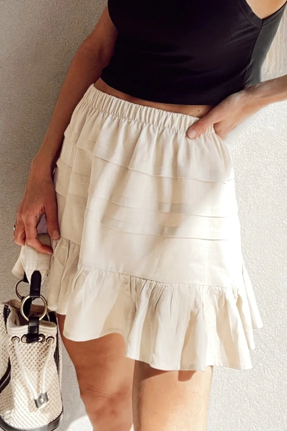 Beige Tiered Ruffled Hemline Elastic Waist Mini Skirt sold by eAura product image thumbnail 4