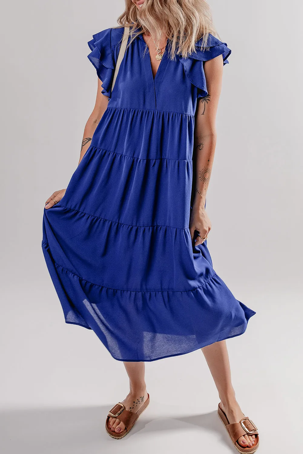 Bluing Ruffled Short Sleeve Collared V Neck Tiered Midi Dress sold by eAura