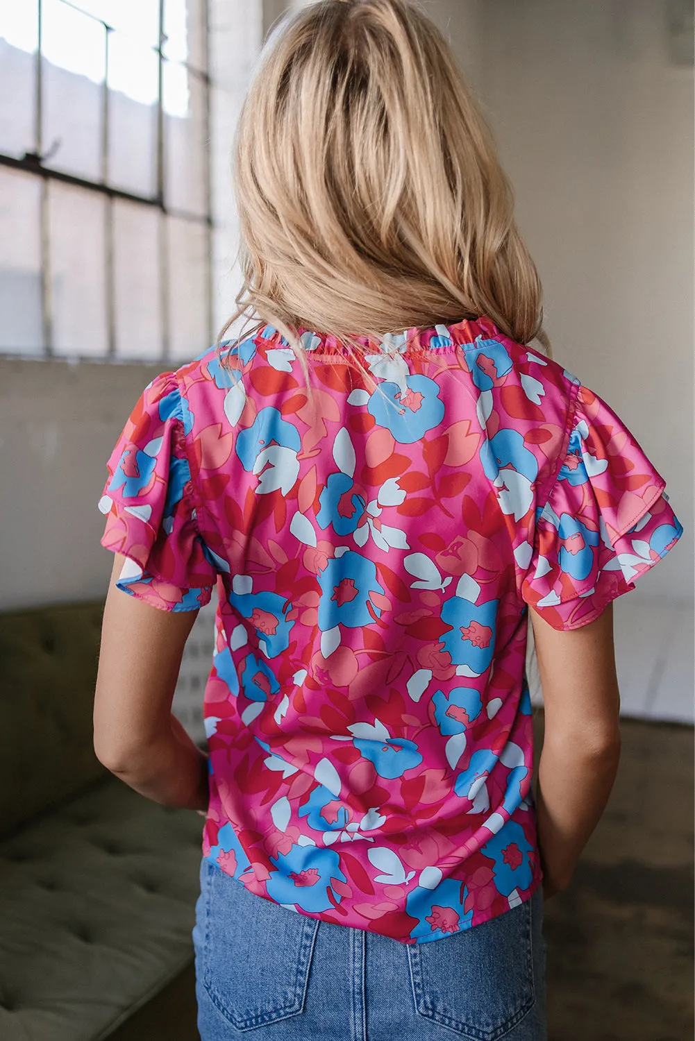 Rose Red Ruffled Sleeve Floral Blouse sold by eAura product image thumbnail 2