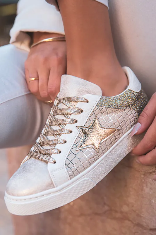 Gold Glitter Star Patchwork PU Leather Lace-up Trainers sold by eAura