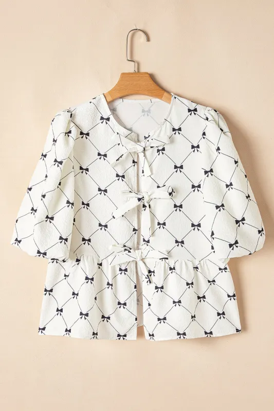 White Bowknot Print Front Knots Bubble Sleeve Blouse sold by eAura