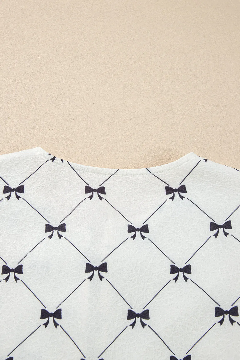 White Bowknot Print Front Knots Bubble Sleeve Blouse sold by eAura product image thumbnail 3