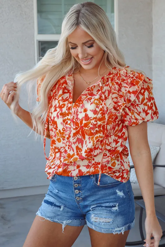 Orange Floral Print Ruffled Short Puff Sleeve Split Neck Blouse sold by eAura