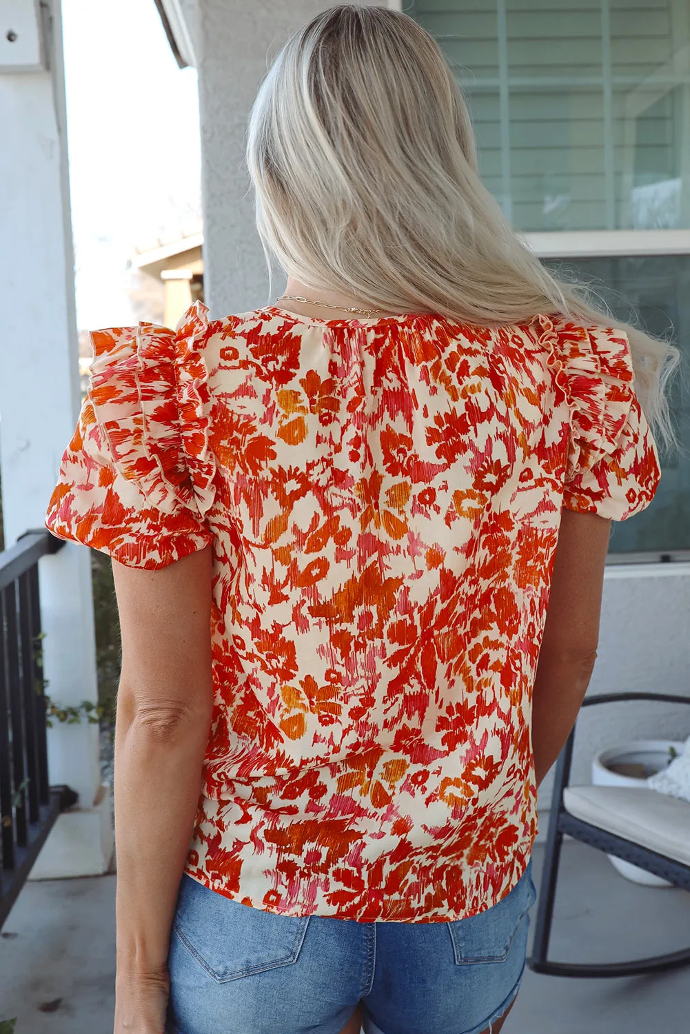 Orange Floral Print Ruffled Short Puff Sleeve Split Neck Blouse sold by eAura product image thumbnail 2