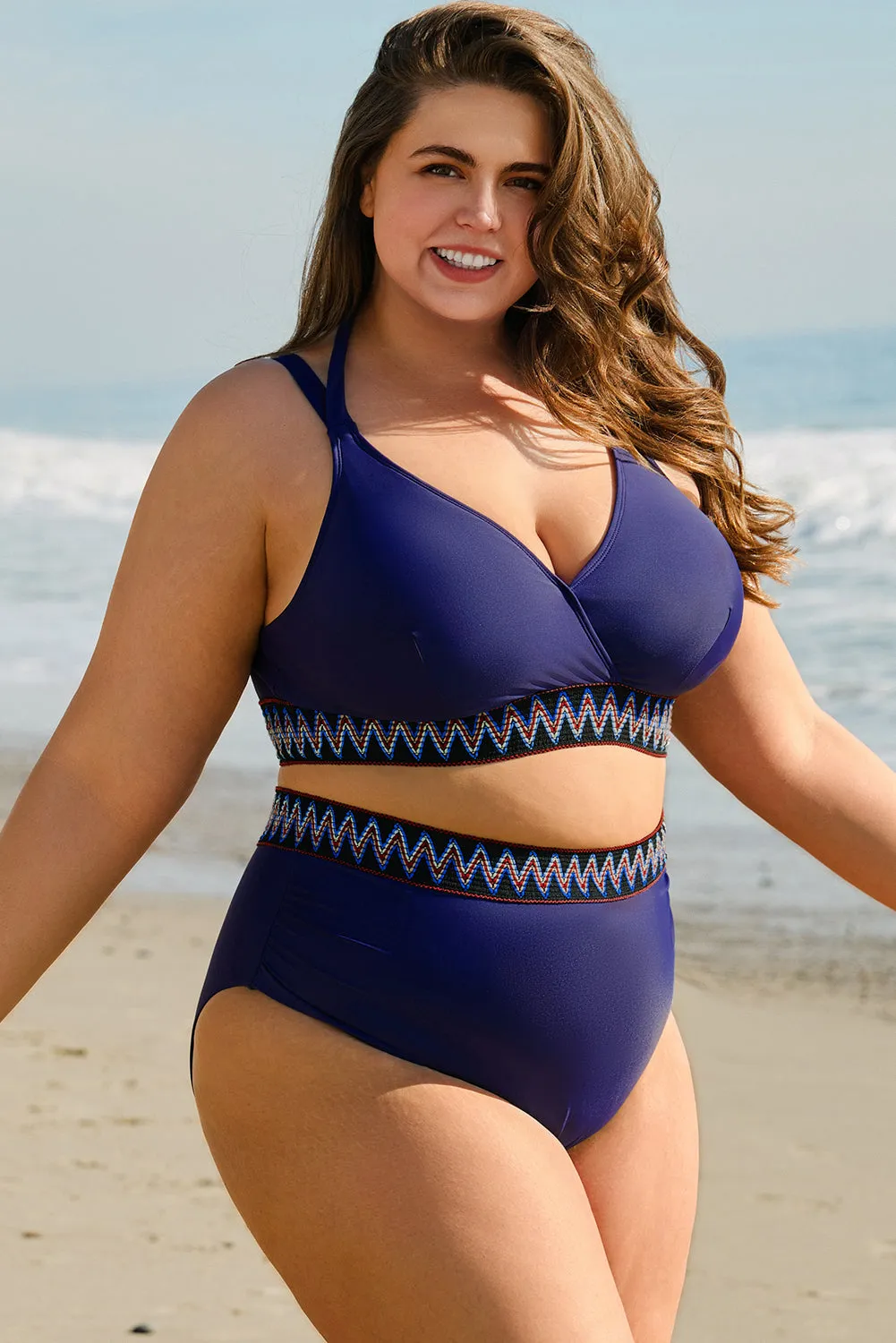 Navy Blue Embroidered Trim Wrap Tie Knot Plus Size High Waisted Bikini sold by eAura product image thumbnail 4