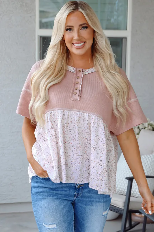 Pink Waffle Floral Patchwork Exposed Seam Detail Short Sleeve Top sold by eAura
