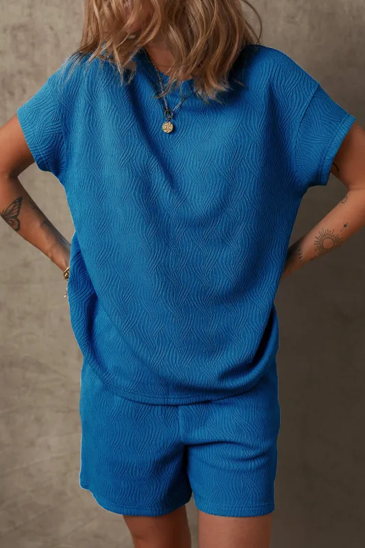 Bluing Solid Textured Crew Neck Short Set Co-ord sold by eAura
