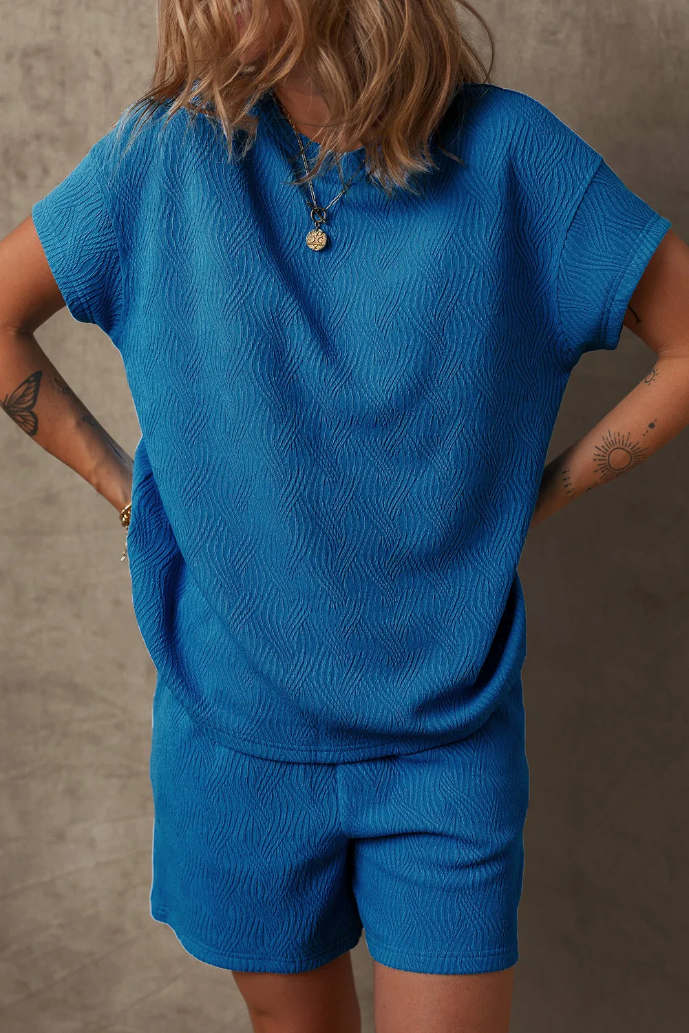 Bluing Solid Textured Crew Neck Short Set Co-ord sold by eAura