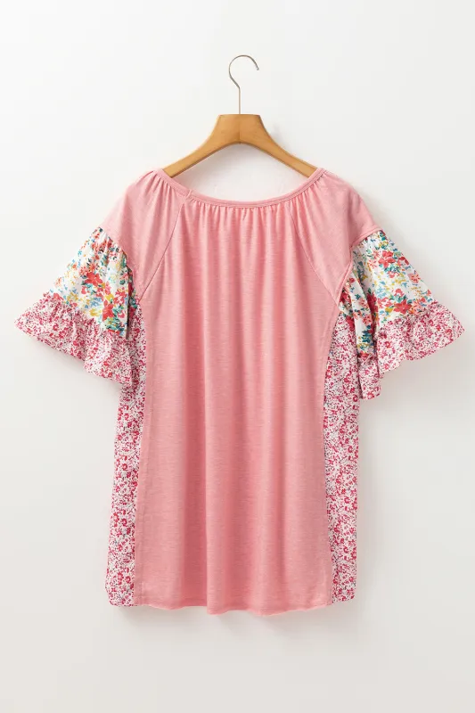 Pink Plus Size Floral Patchwork Ruffled Short Sleeve Blouse sold by eAura