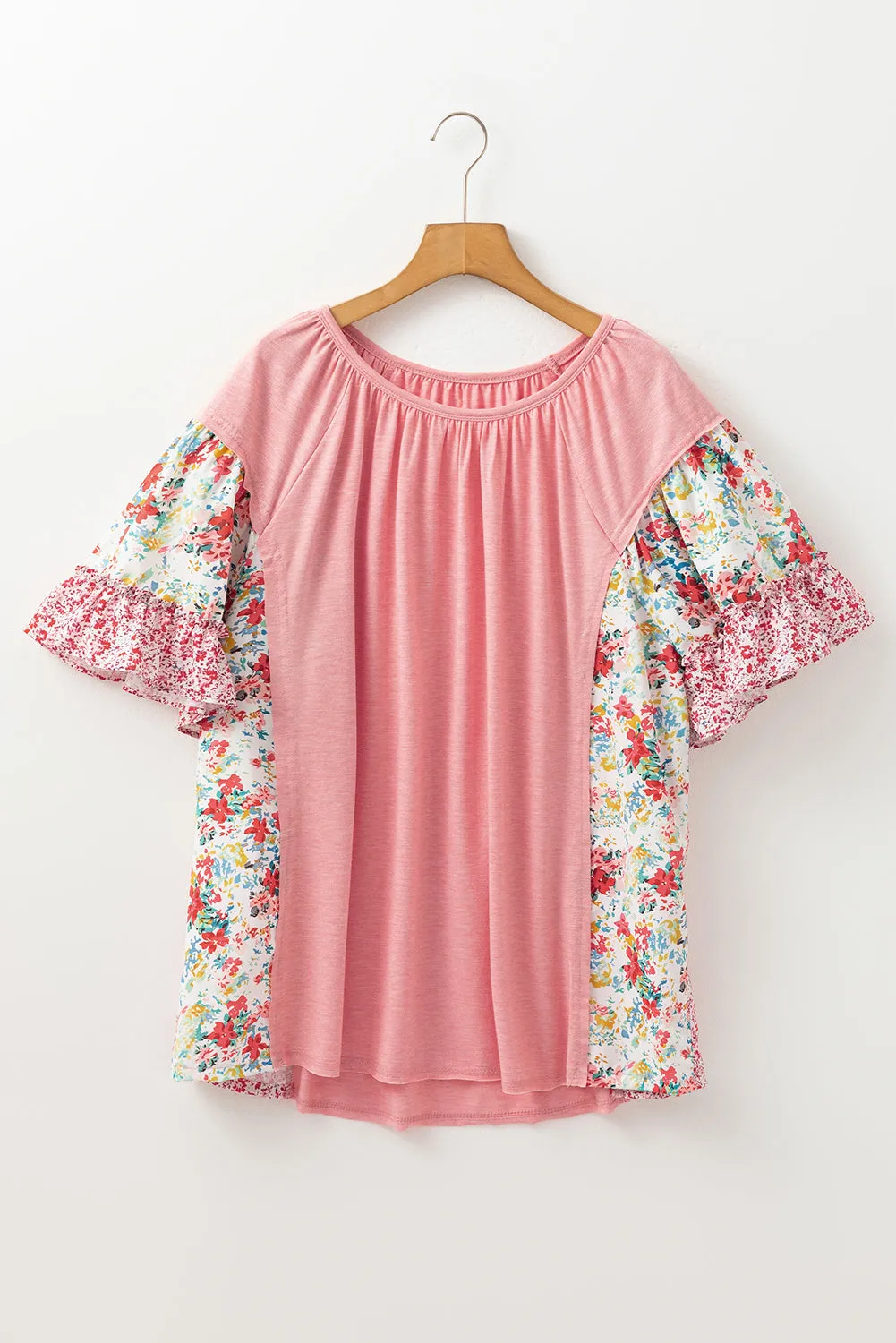 Pink Plus Size Floral Patchwork Ruffled Short Sleeve Blouse sold by eAura product image thumbnail 5