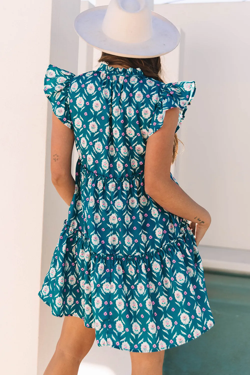 Blue Retro Floral Print Split Neck Ruffle Short Sleeve Dress sold by eAura product image thumbnail 2
