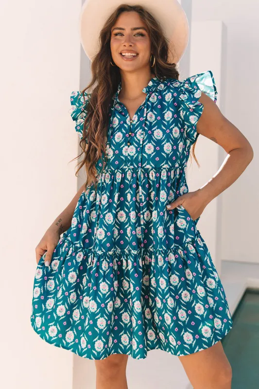 Blue Retro Floral Print Split Neck Ruffle Short Sleeve Dress sold by eAura