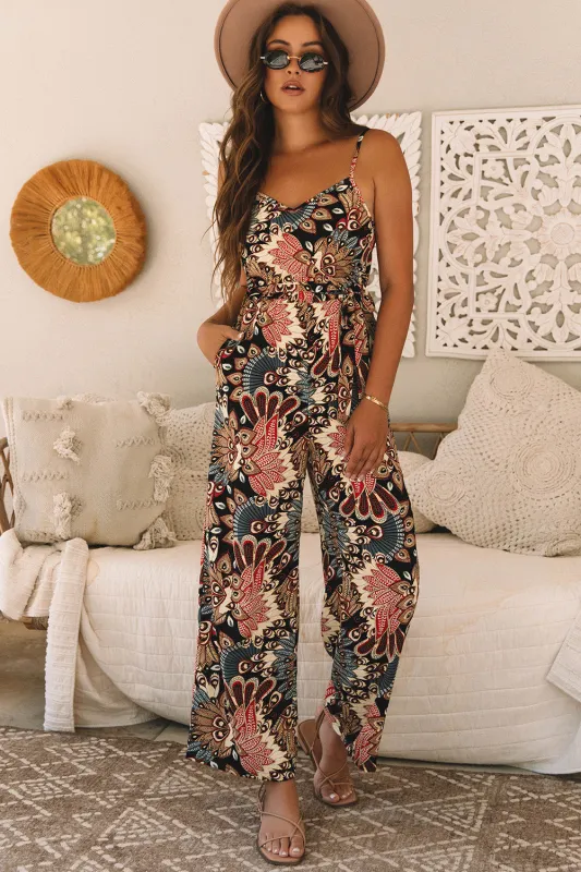 Black Floral Print Belted Sleeveless Wide Leg Jumpsuit sold by eAura