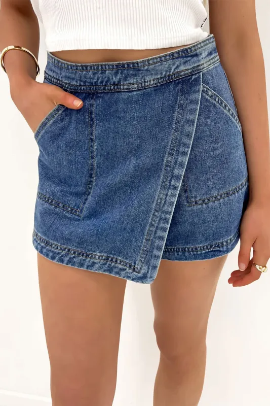 Ashleigh Blue Faux Wrapped Mini Denim Skort sold by eAura