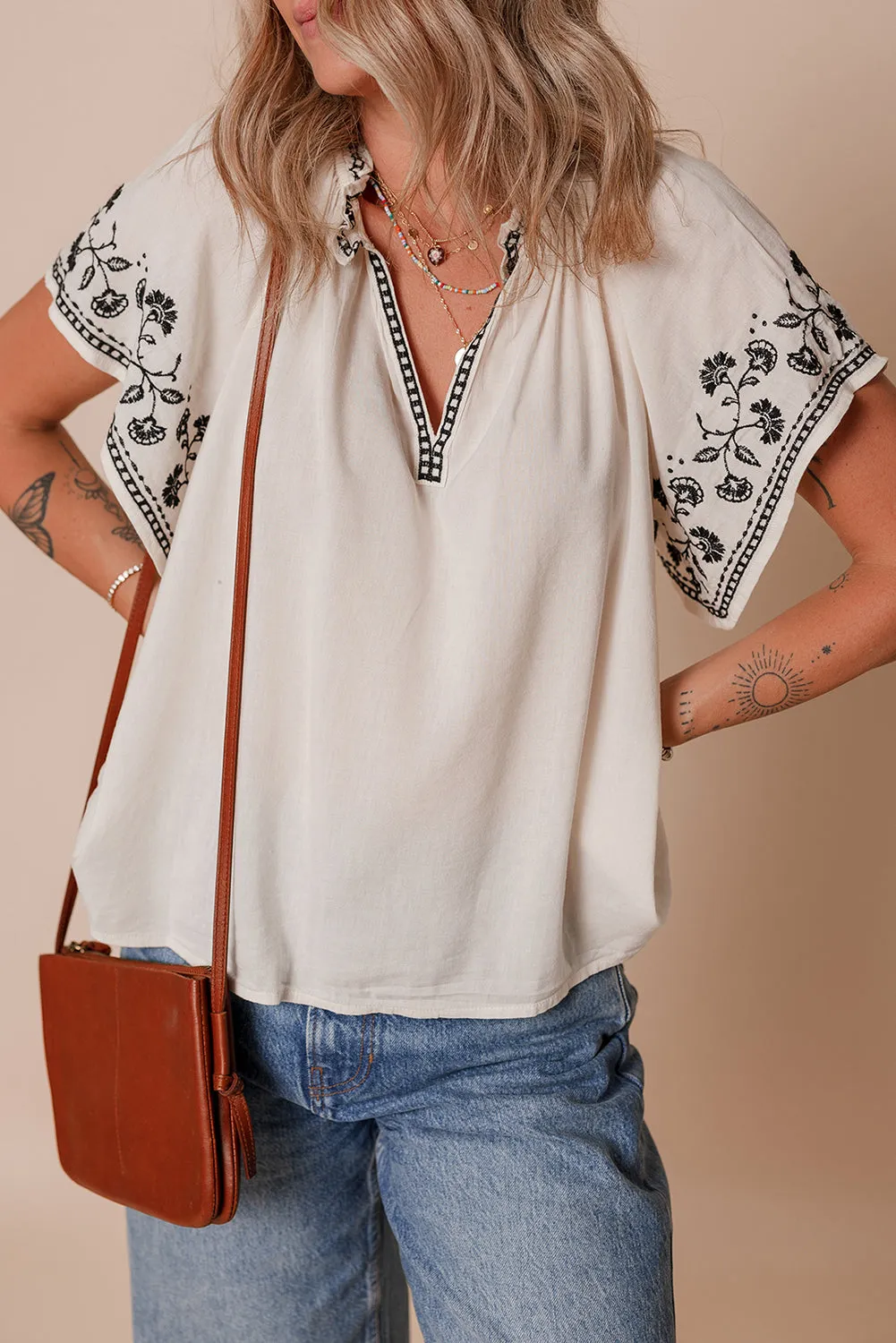 White Floral Embroidered Short Sleeve V Neck Blouse sold by eAura product image thumbnail 5