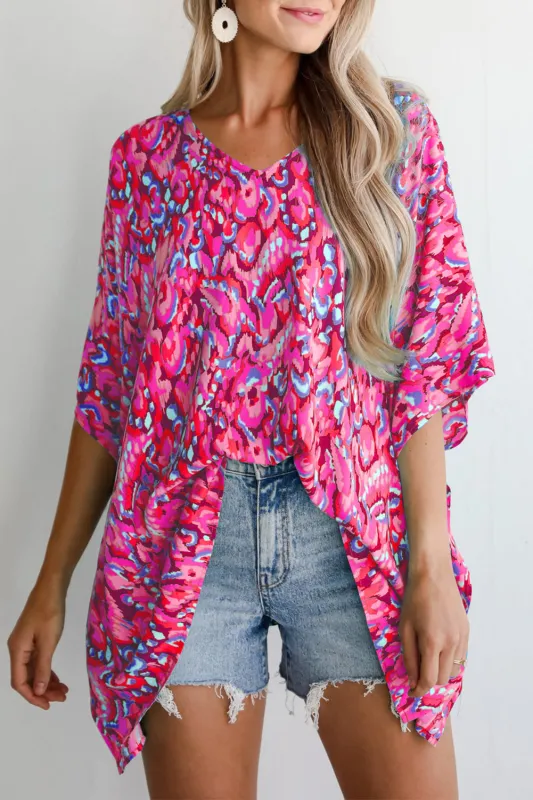 Pink Abstract Print V Neck Half Sleeve Loose Fit Tunic Blouse sold by eAura