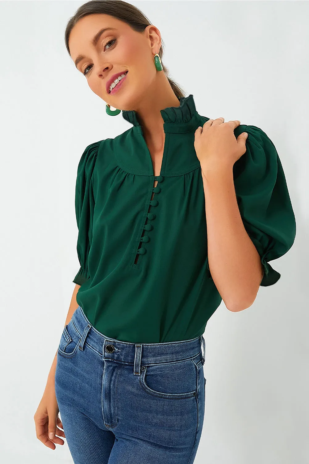 Blackish Green Solid Puff Sleeve Frilled Trim Elegant Blouse sold by eAura product image thumbnail 4