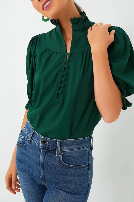 Blackish Green Solid Puff Sleeve Frilled Trim Elegant Blouse sold by eAura