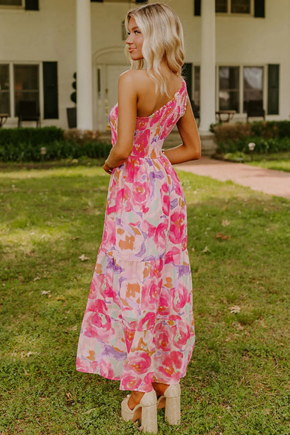 Pink Abstract Floral Print Shirred One Shoulder Maxi Dress sold by eAura product image thumbnail 2