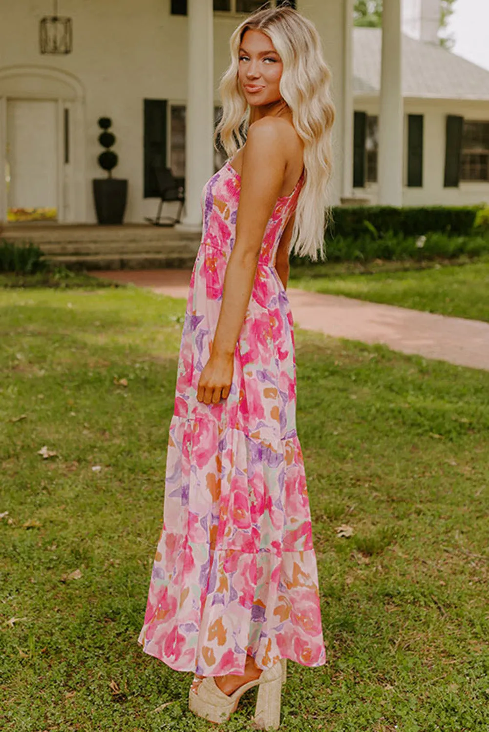 Pink Abstract Floral Print Shirred One Shoulder Maxi Dress sold by eAura product image thumbnail 3