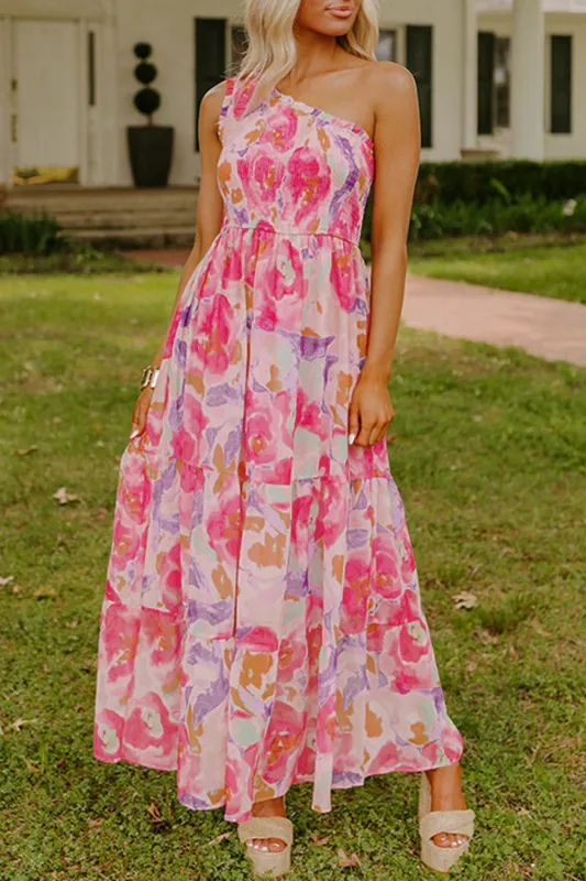 Pink Abstract Floral Print Shirred One Shoulder Maxi Dress sold by eAura