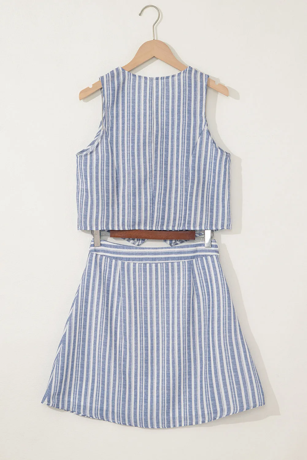 Sky Blue Stripe Buttoned Office Waistcoat Mini Skirt Set sold by eAura product image thumbnail 4
